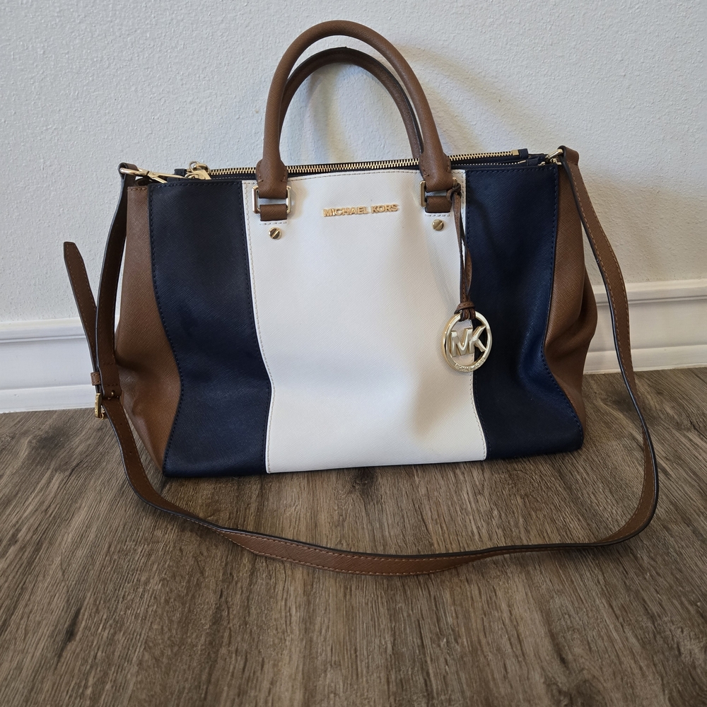 Michael Kors Navy, White, and Brown Satchel